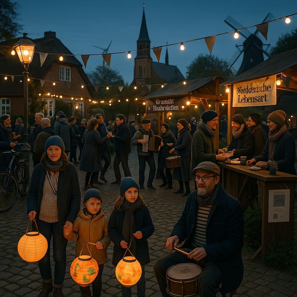 Families and neighbors gather at a North German village festival at dusk with lanterns,