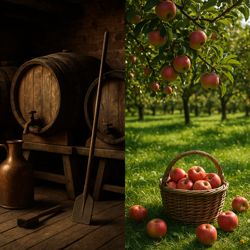 An image contrasting a cozy, traditional brewery setting with an open, vibrant orchard landscape,
