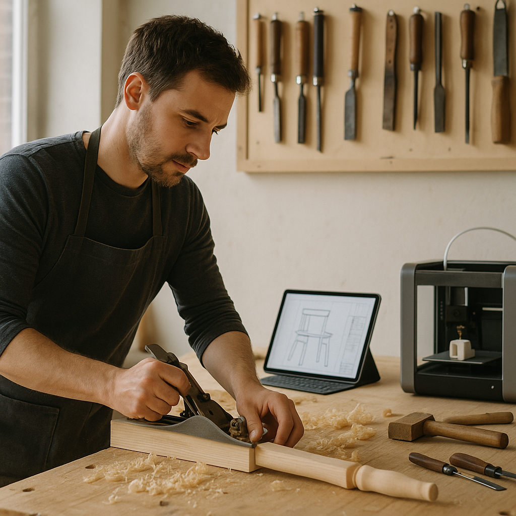 Modern artisan carpenter shaping a chair leg in a sunlit workshop, with hand tools